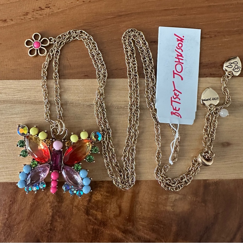 Betsey Johnson Love Fest Butterfly Necklace Multicolored Crystals Long Chain